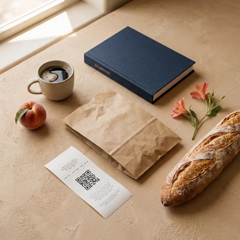 Composición de elementos cotidianos: un café, un libro, pan y un ticket de compra